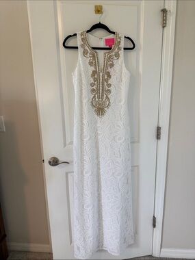 Lilly Pulitzer White Maxi Dress with Gold Embroidered Neckline